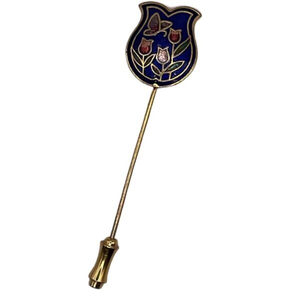 Cloisonne Flower Vintage Stick Lapel Hat Breast Pin Gold Tone Bell Shaped - Picture 1 of 3